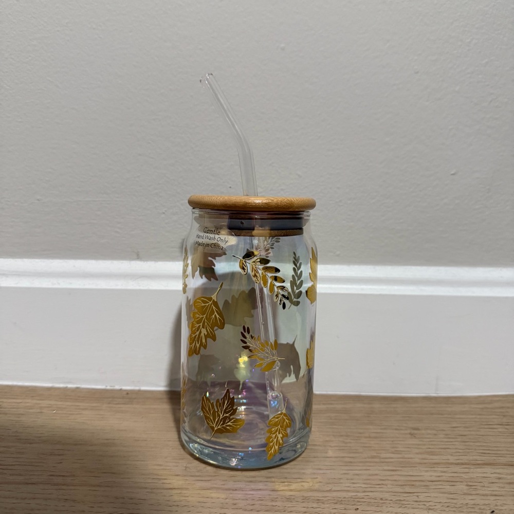 Glass Tumbler with Bamboo Lid and Glass Straw - Gold Leaf Design
